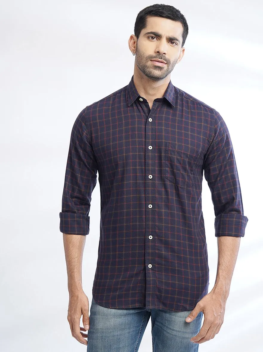 Navy Blue Checked Slim Fit Semi Casual Shirt | JadeBlue