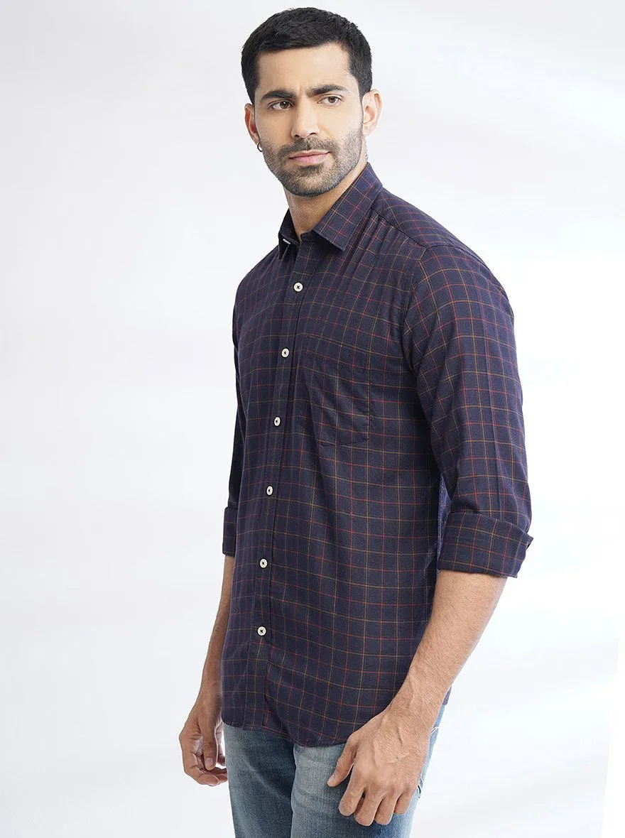 Navy Blue Checked Slim Fit Semi Casual Shirt | JadeBlue