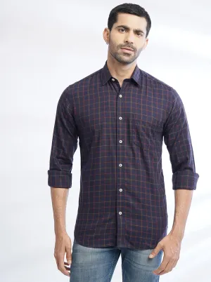 Navy Blue Checked Slim Fit Semi Casual Shirt | JadeBlue
