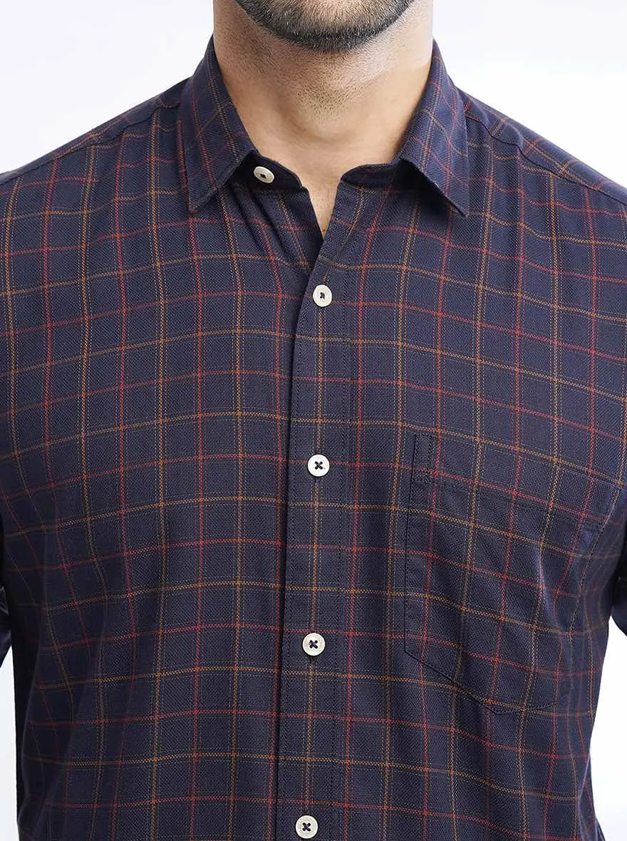 Navy Blue Checked Slim Fit Semi Casual Shirt | JadeBlue