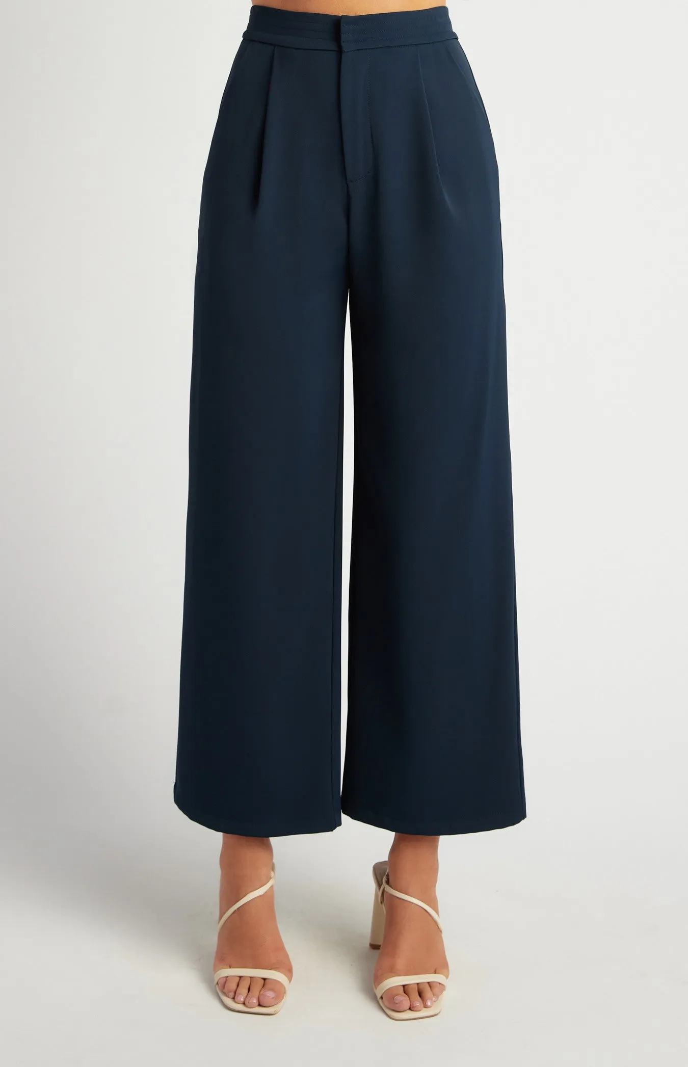Navy Blue High Waisted Tailored Topstitch Detail Wide Leg Pants