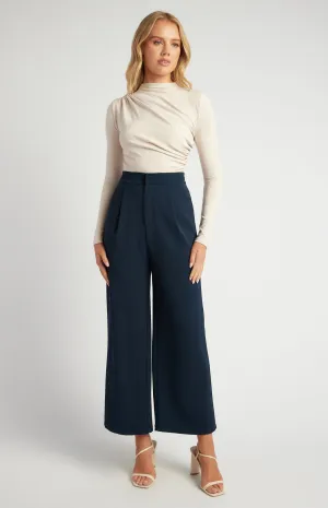 Navy Blue High Waisted Tailored Topstitch Detail Wide Leg Pants