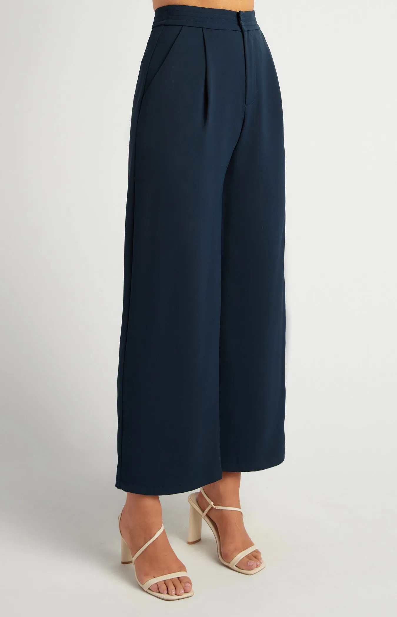 Navy Blue High Waisted Tailored Topstitch Detail Wide Leg Pants