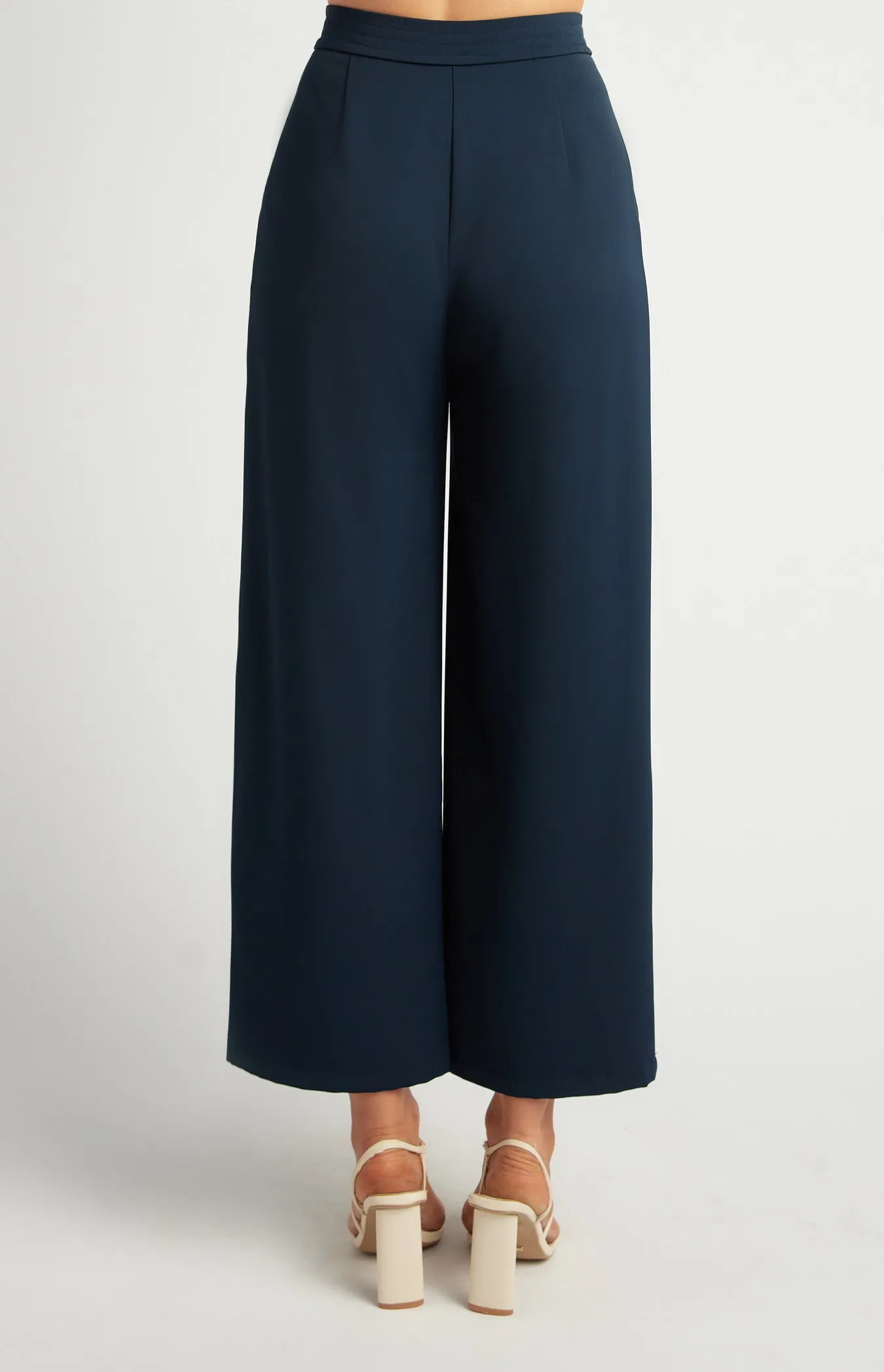Navy Blue High Waisted Tailored Topstitch Detail Wide Leg Pants