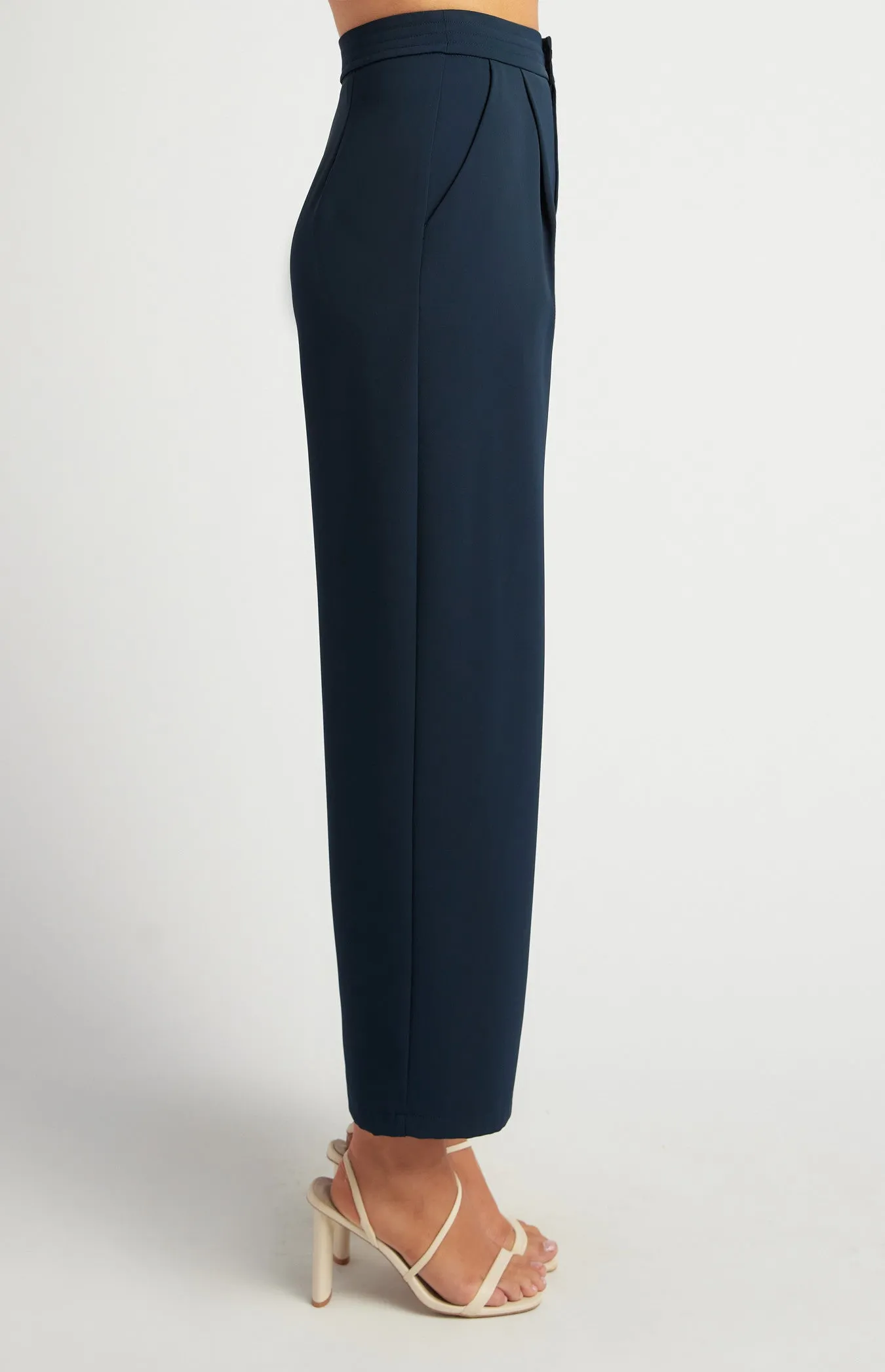Navy Blue High Waisted Tailored Topstitch Detail Wide Leg Pants