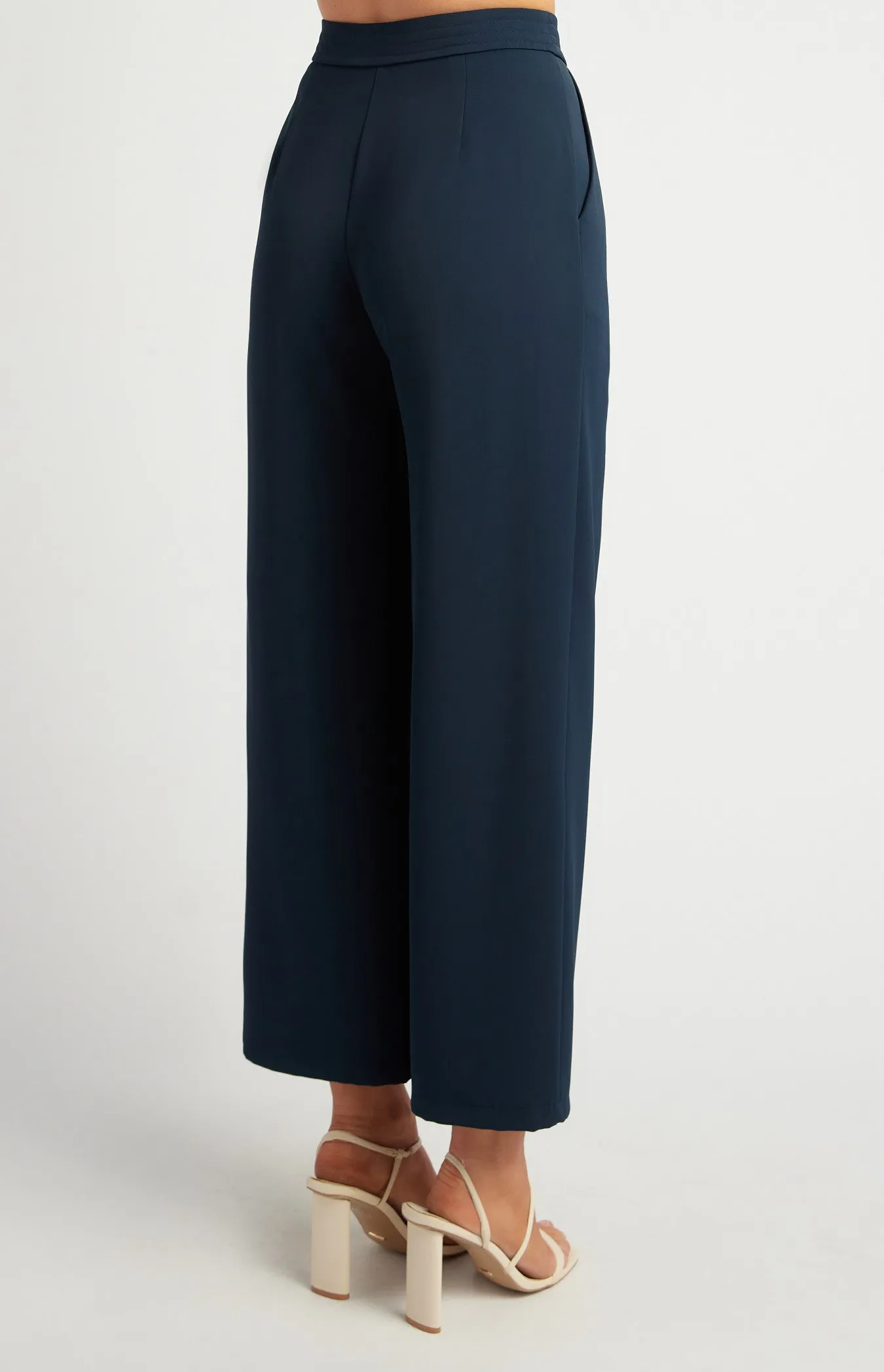 Navy Blue High Waisted Tailored Topstitch Detail Wide Leg Pants