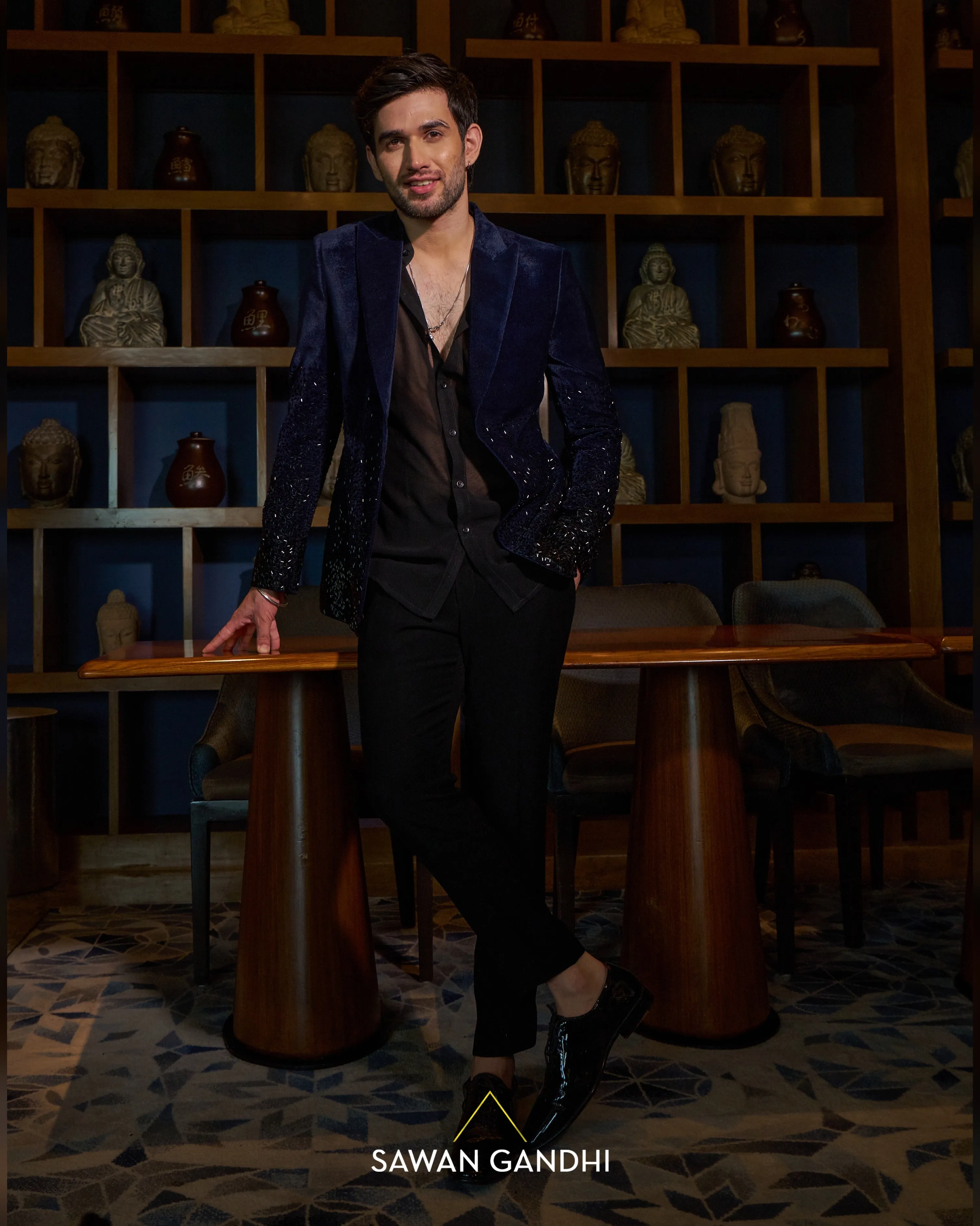 Navy blue velvet cutdana work jacket