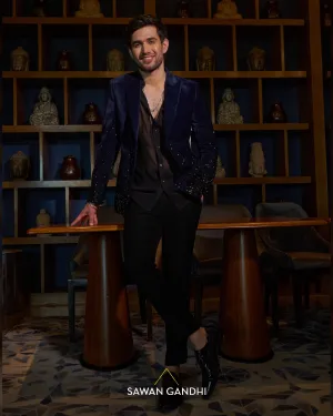 Navy blue velvet cutdana work jacket