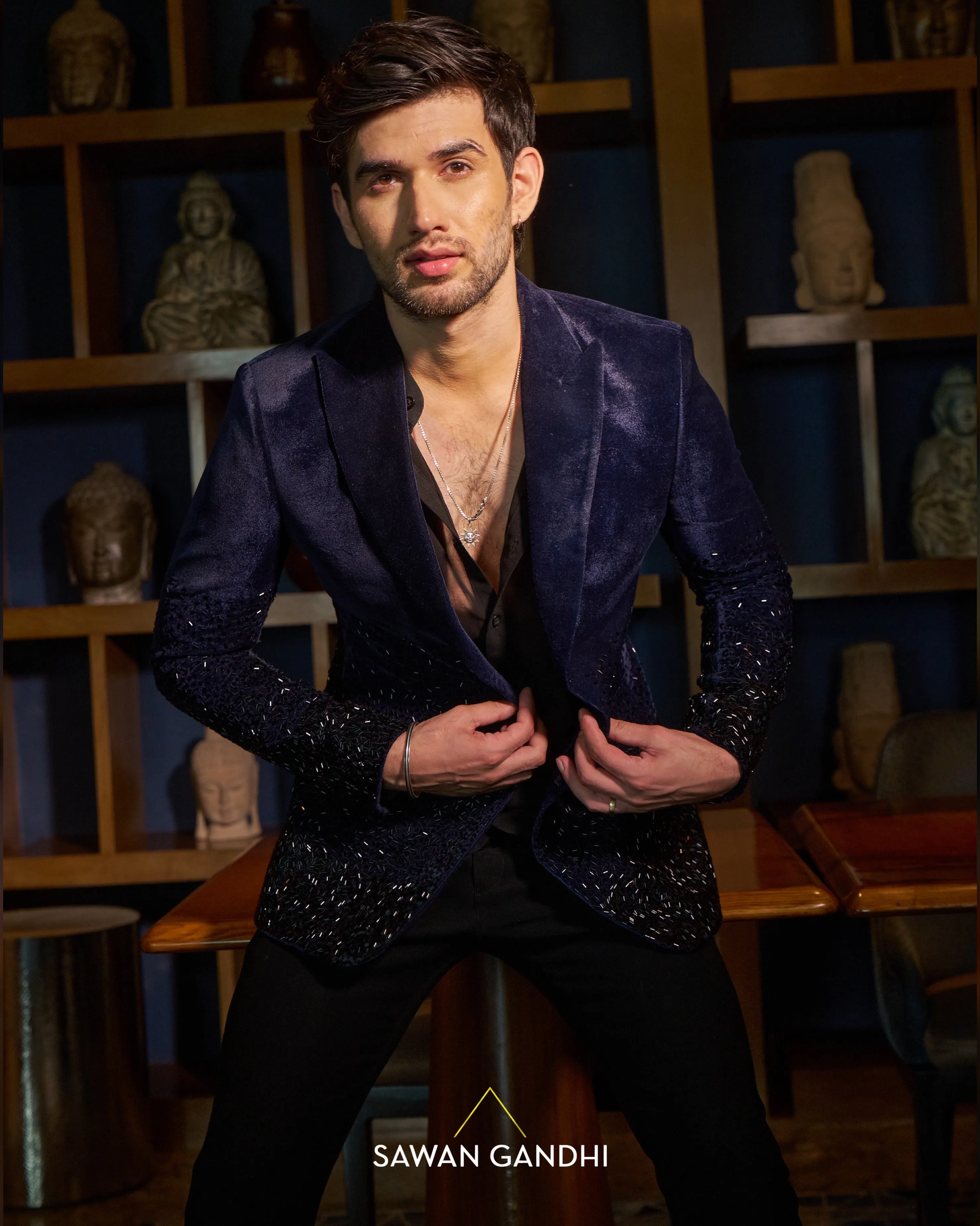Navy blue velvet cutdana work jacket