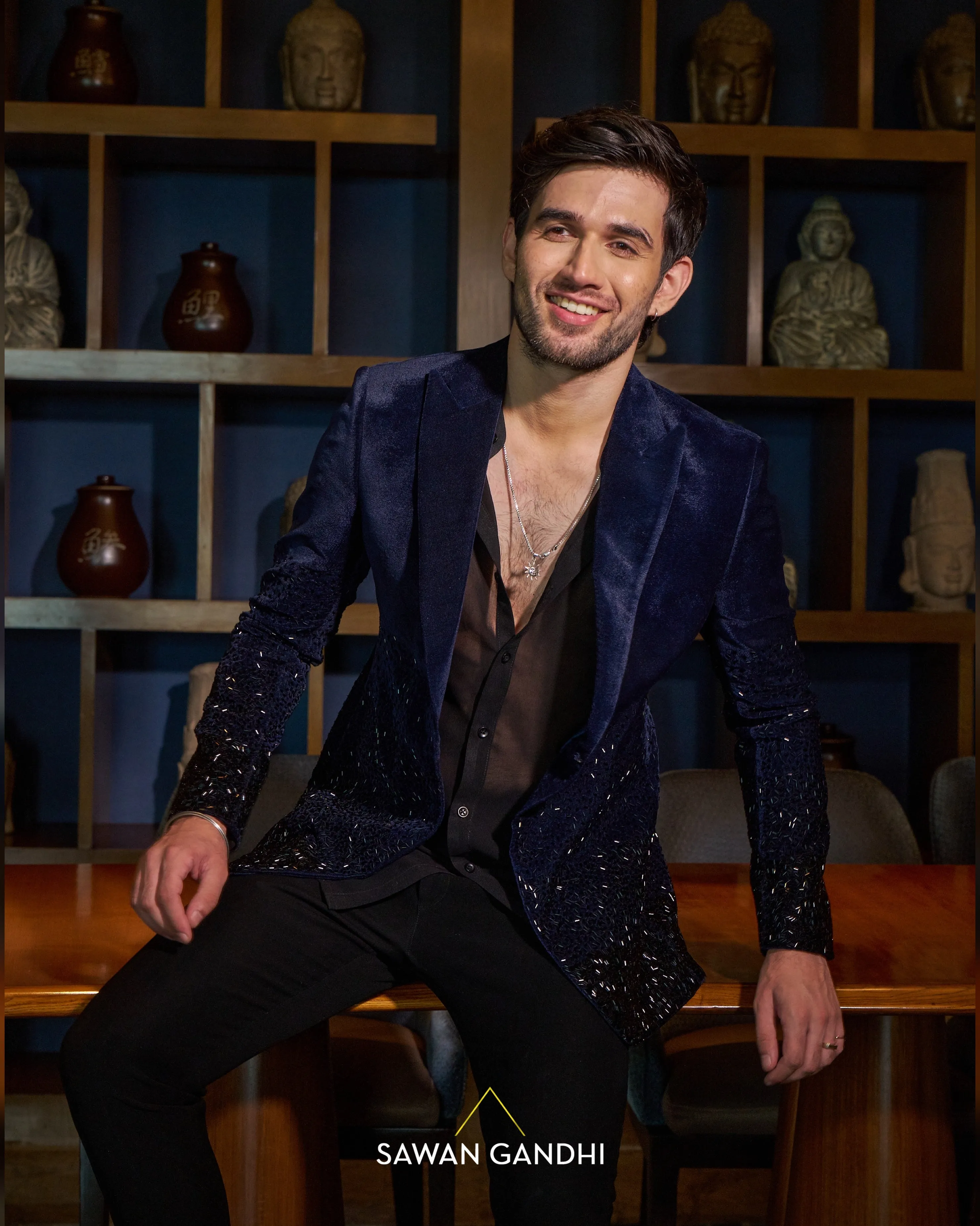 Navy blue velvet cutdana work jacket