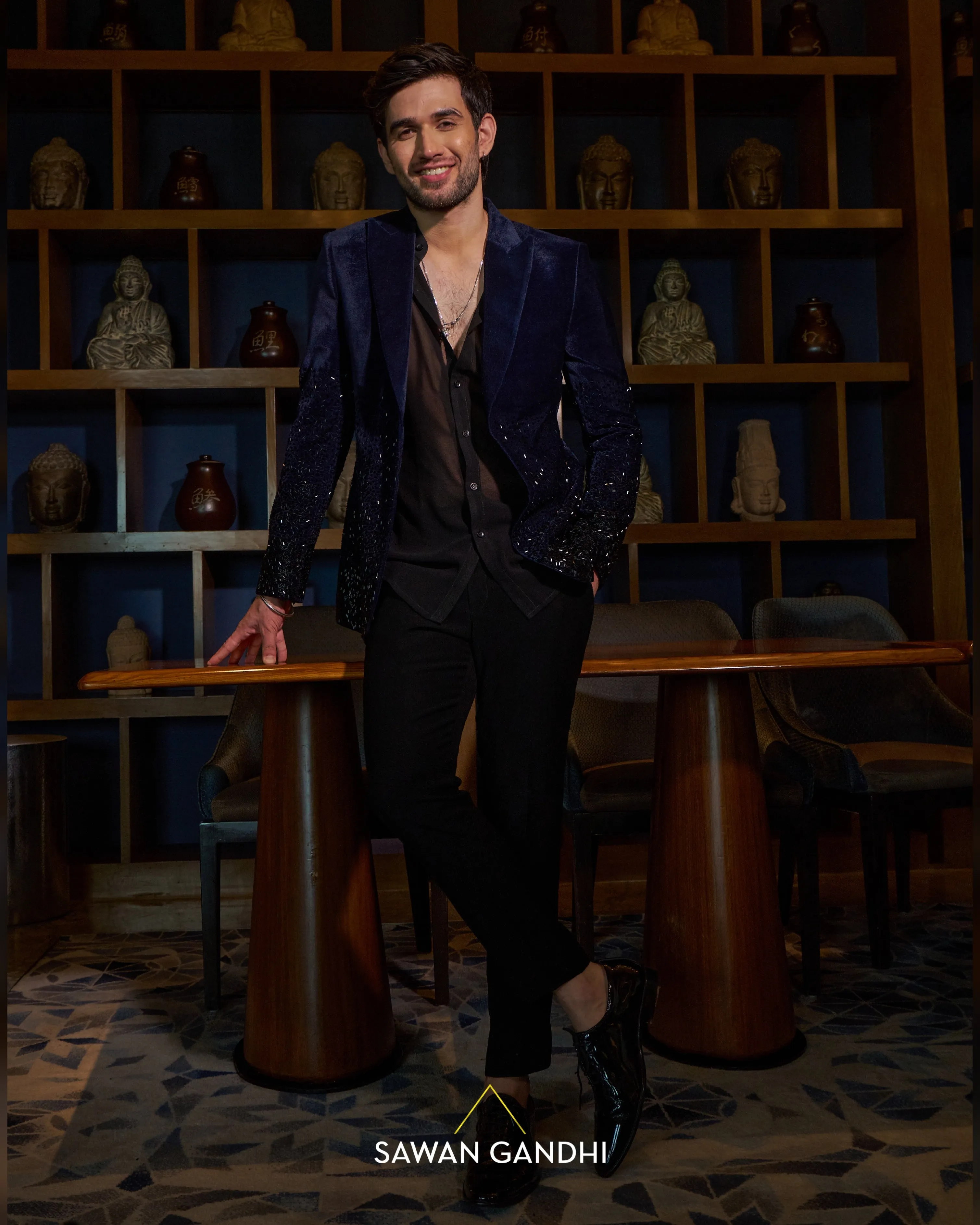 Navy blue velvet cutdana work jacket
