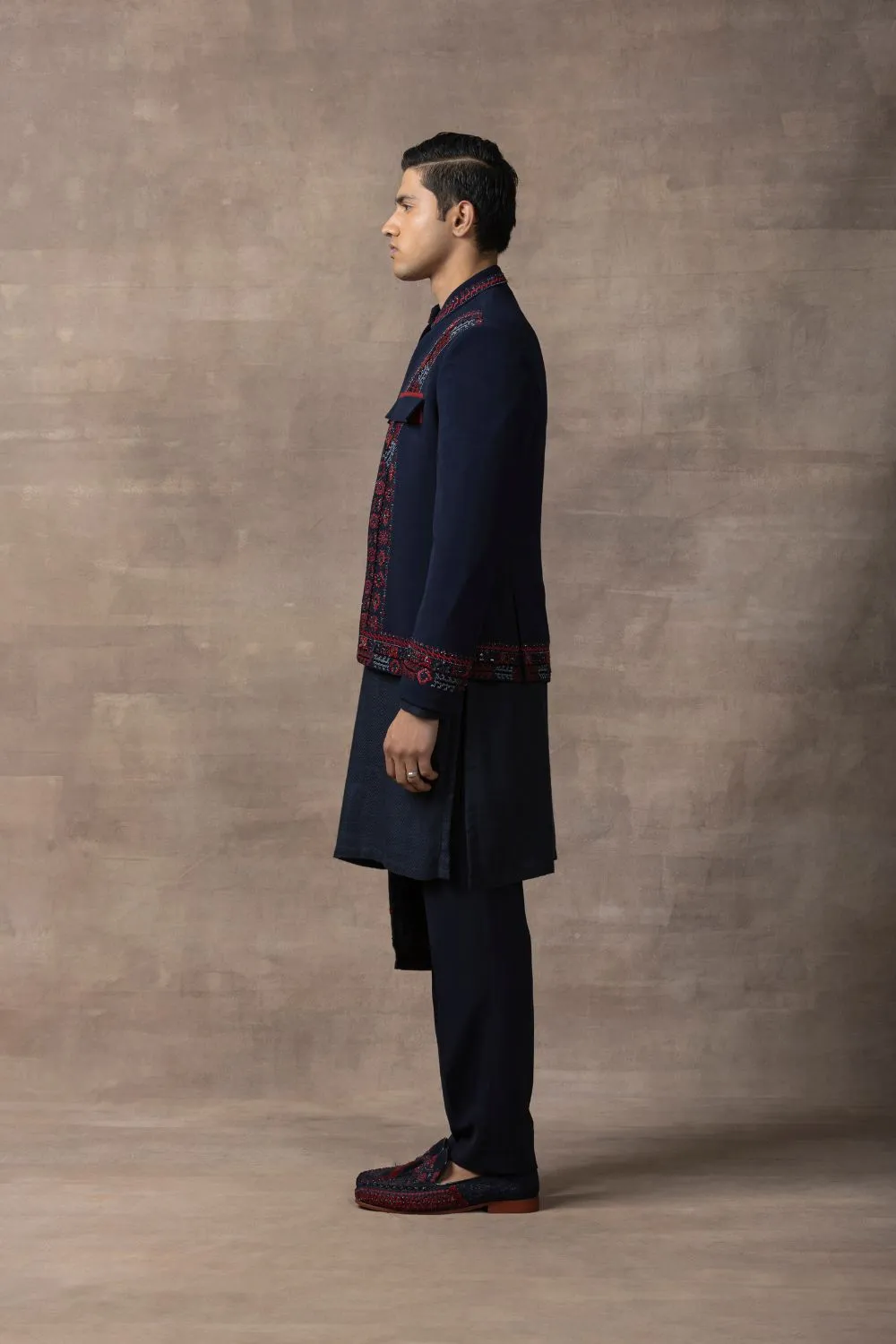 Navy Embroidered Open Bandhgala Set