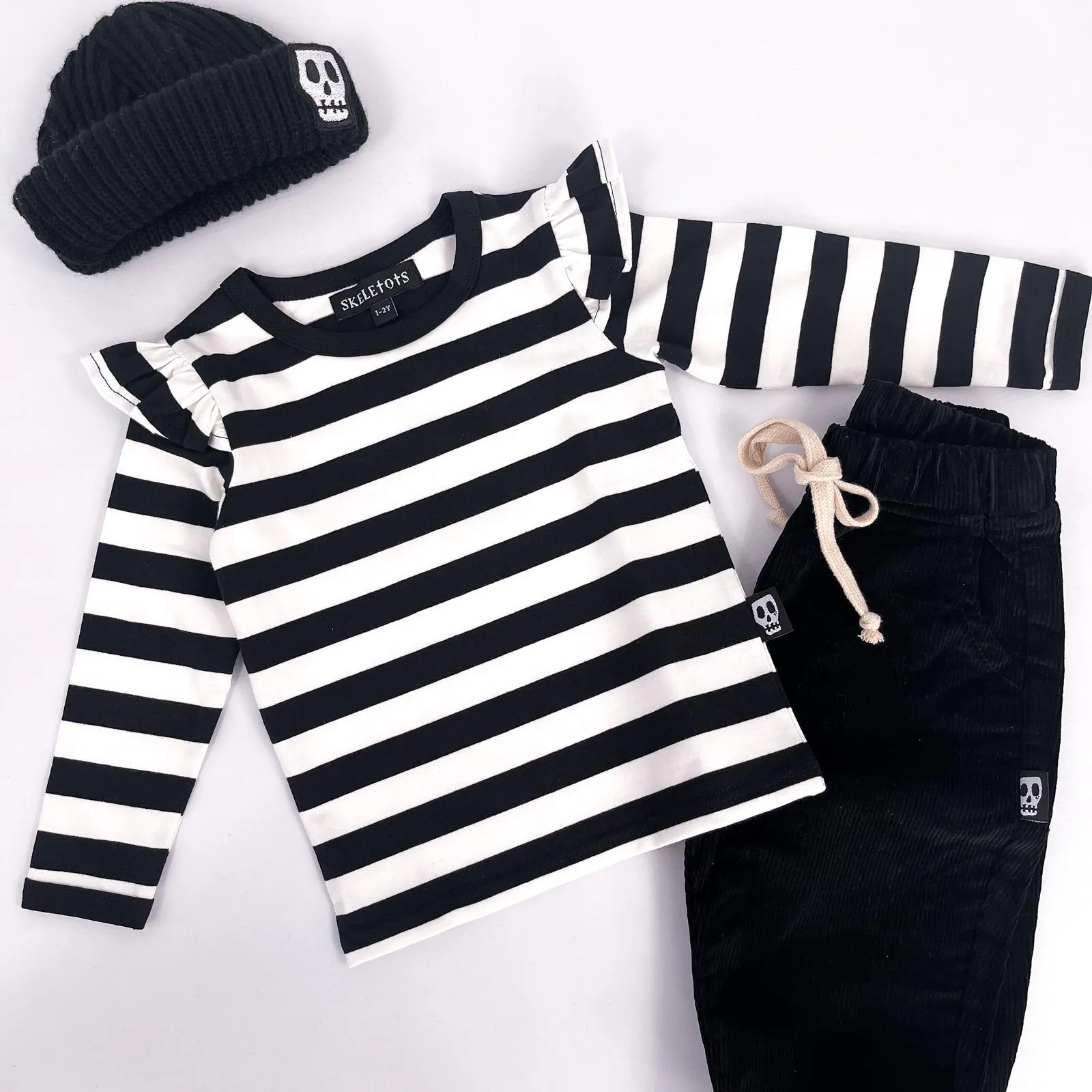 NOT SO BASIC FRILL SLEEVE BLACK & WHITE STRIPE TEE