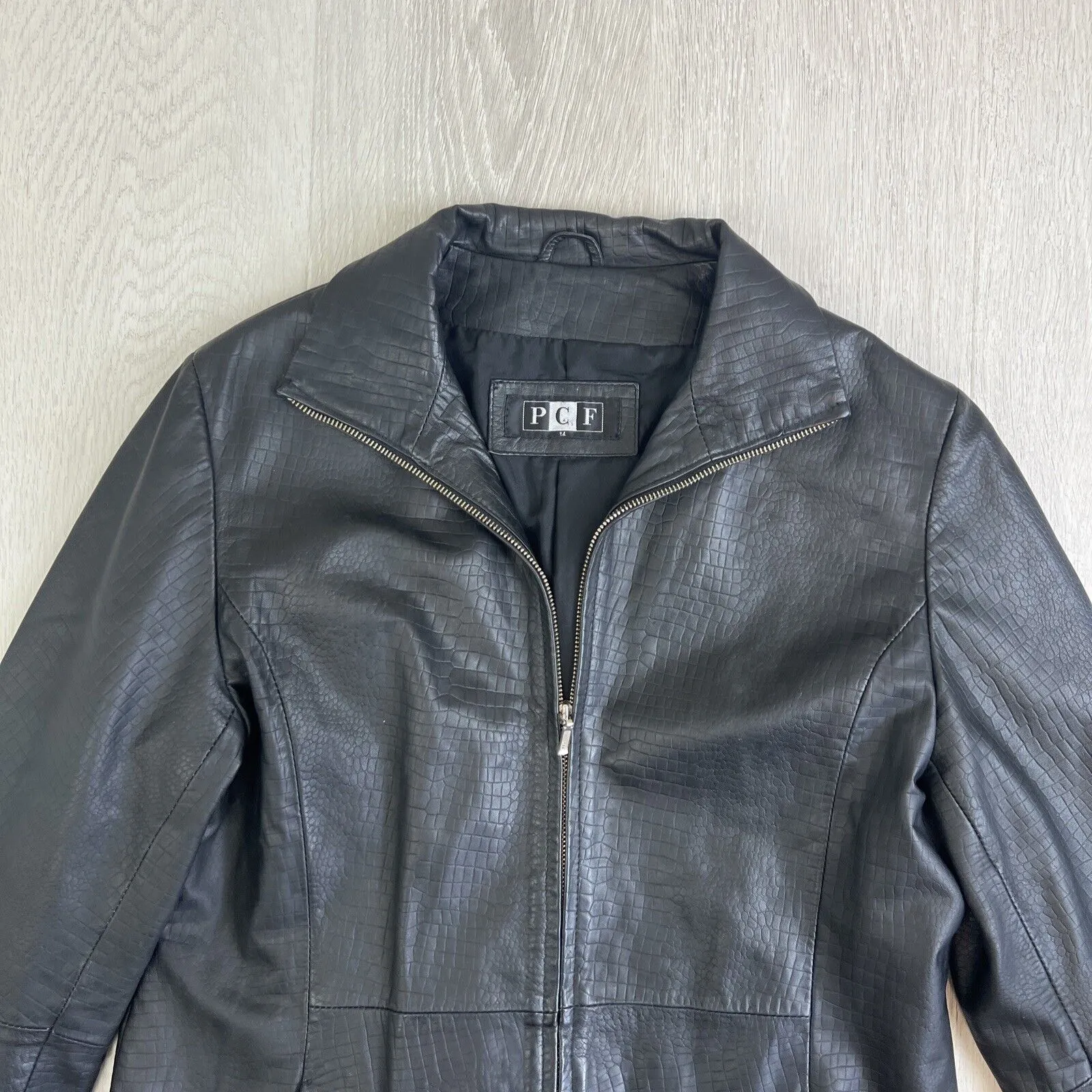 PCF Black Leather Full Zip Jacket Size 14