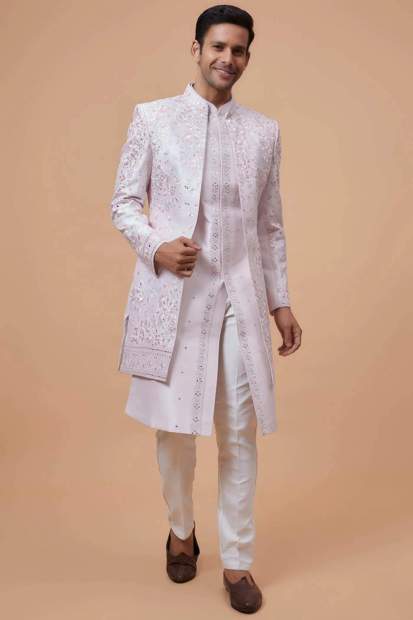 Pink Silk Embroidered Indowestern Set