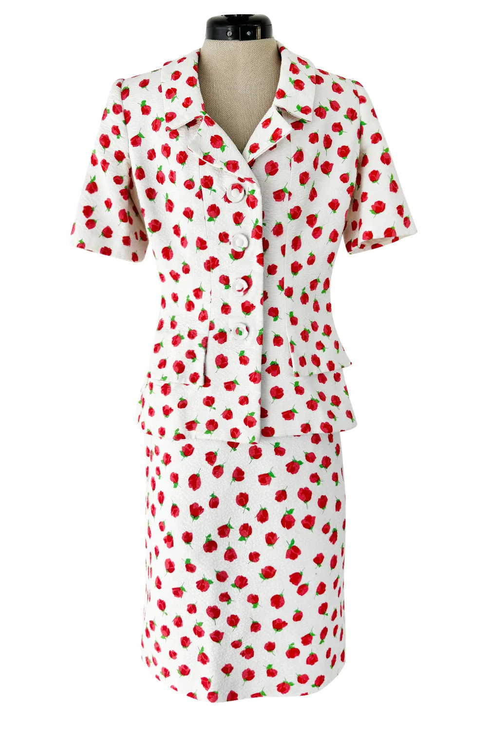 Prettiest 1980s Oscar de la Renta Tiny Spring Rose Print Skirt & Short Sleeve Jacket Suit Set