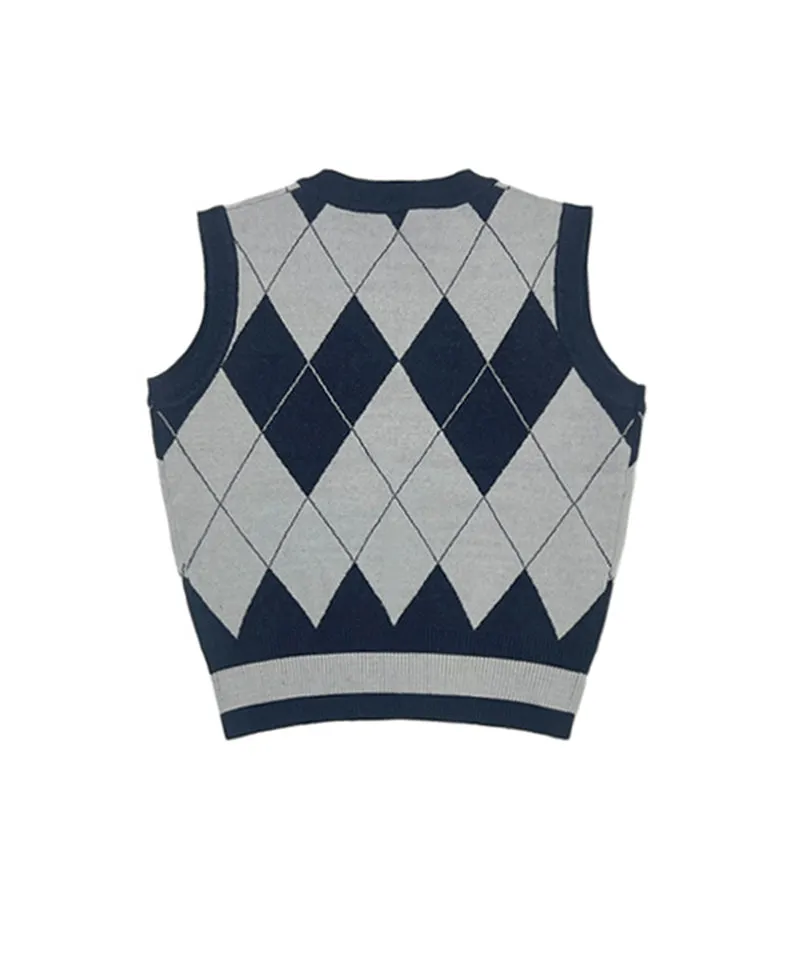 Q.C PLAY: Argyle Check Wool Blend V-neck Vest - Navy