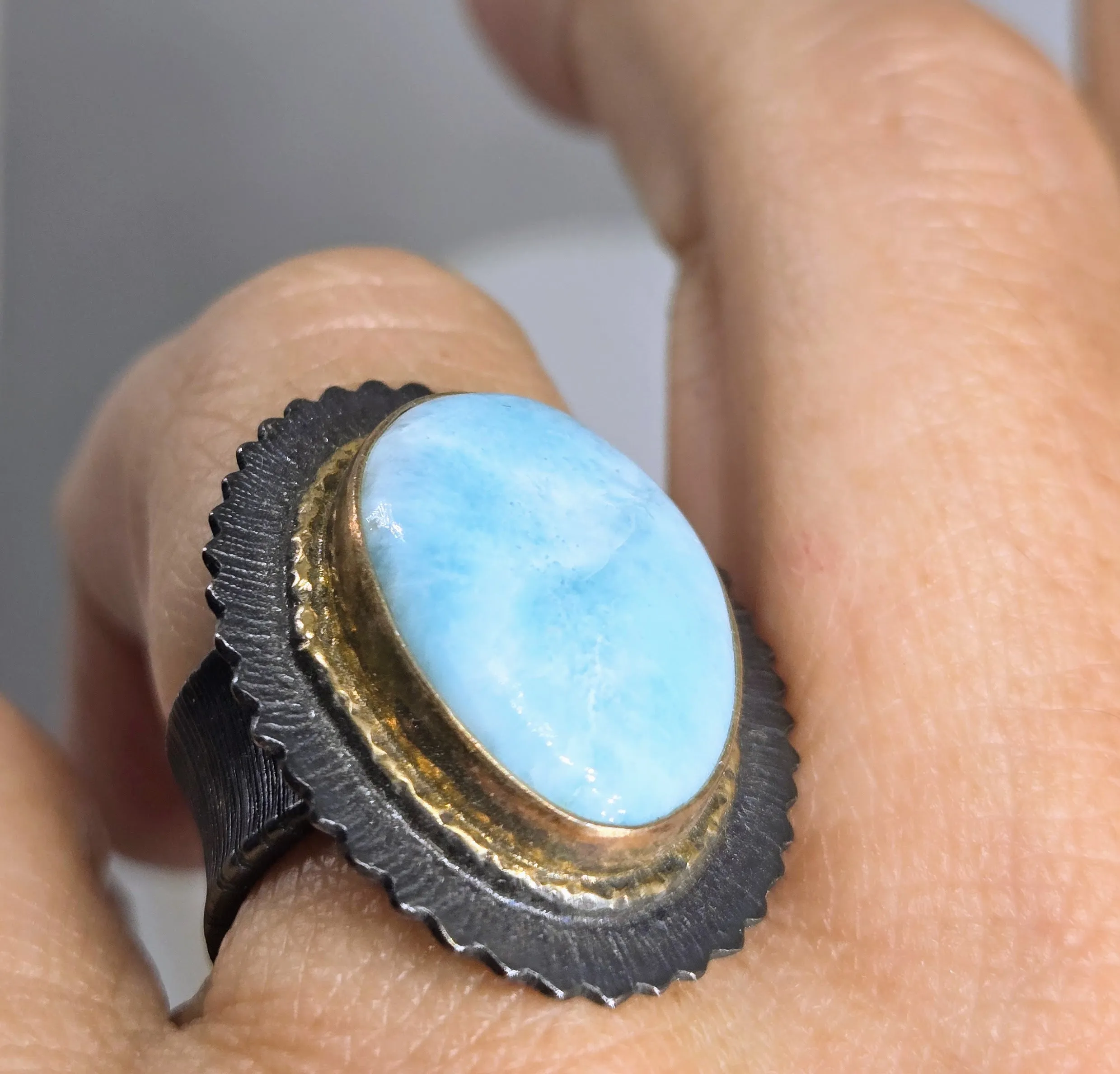 "Black Waters" Size 6.5 Ring - Larimar, Black & 18k Gold Sterling