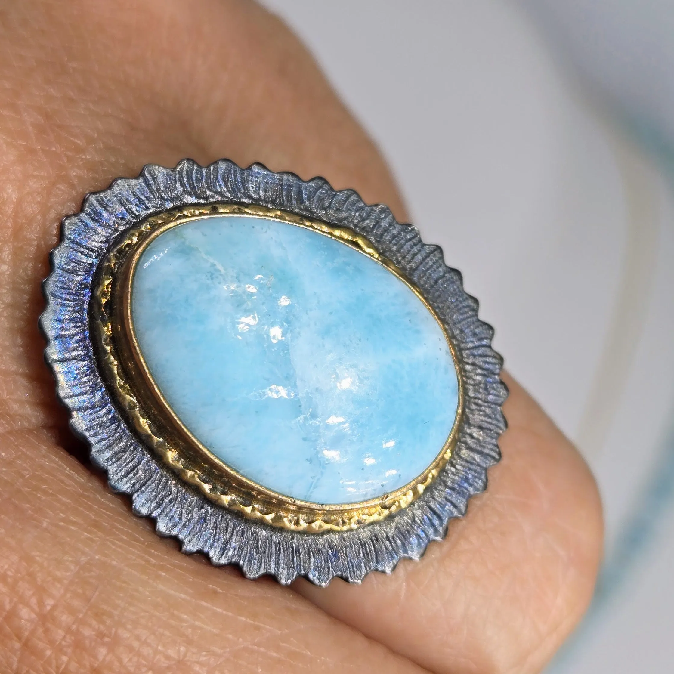 "Black Waters" Size 6.5 Ring - Larimar, Black & 18k Gold Sterling
