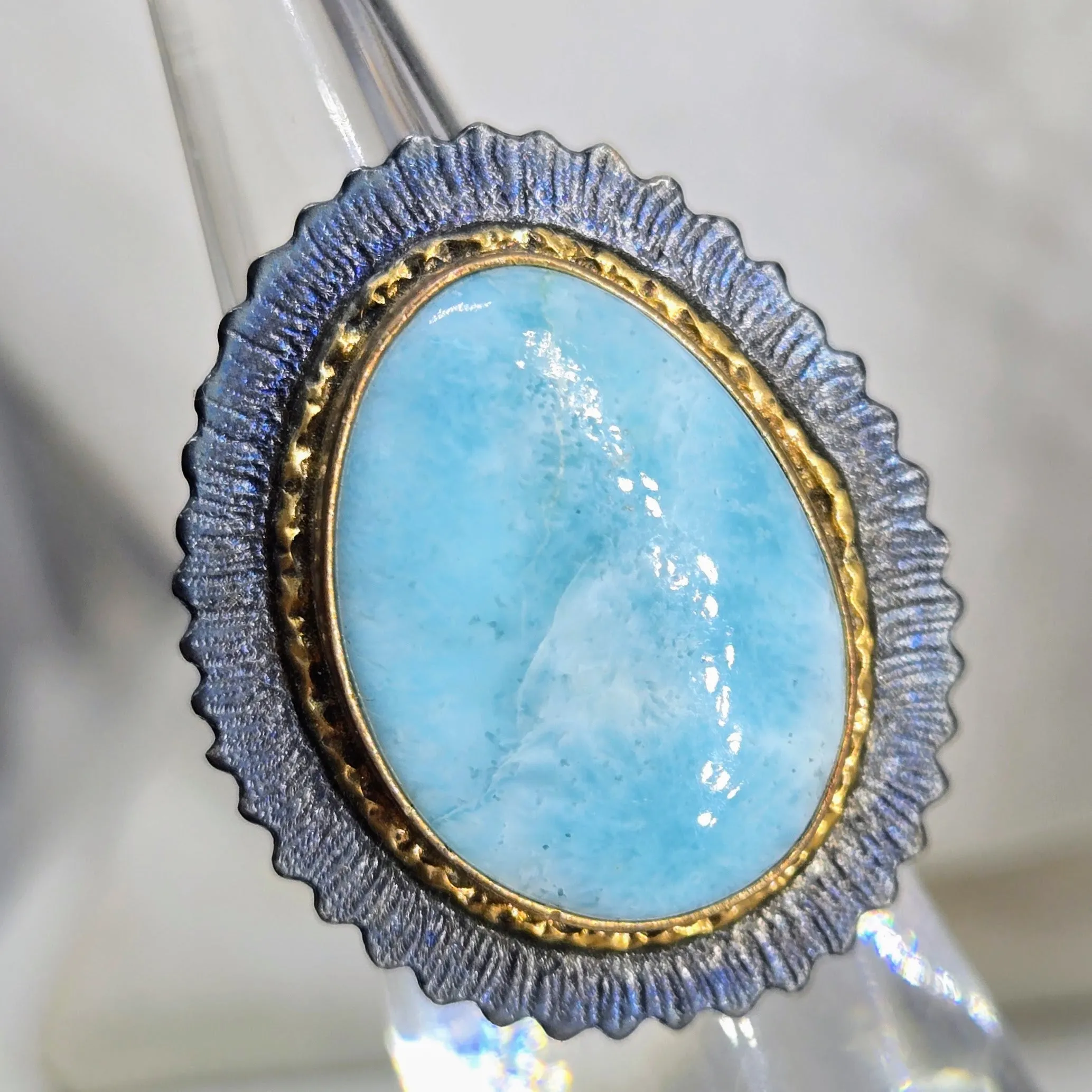 "Black Waters" Size 6.5 Ring - Larimar, Black & 18k Gold Sterling
