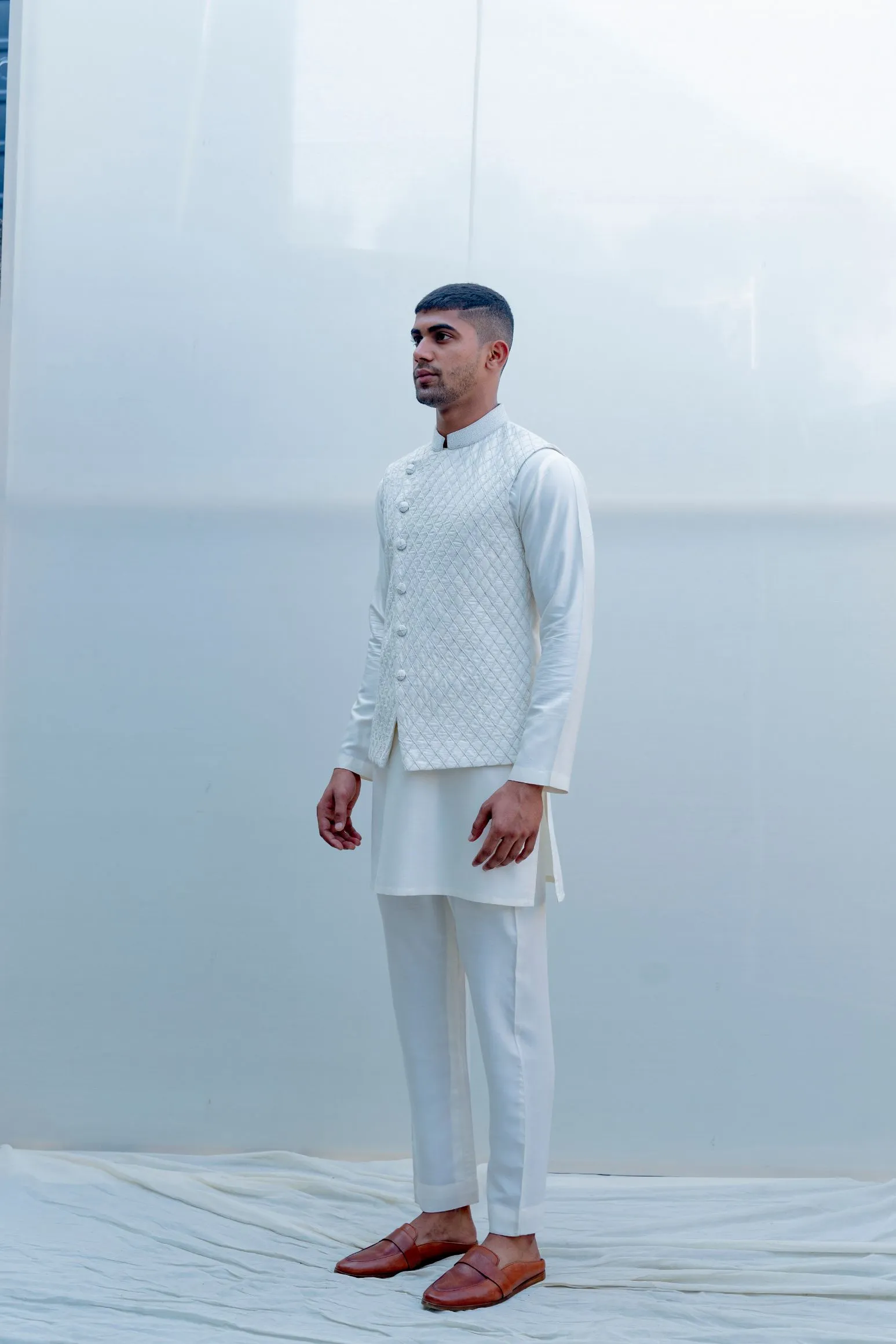 Romani - Milky White Embroidered Nehru Jacket with Kurta Set
