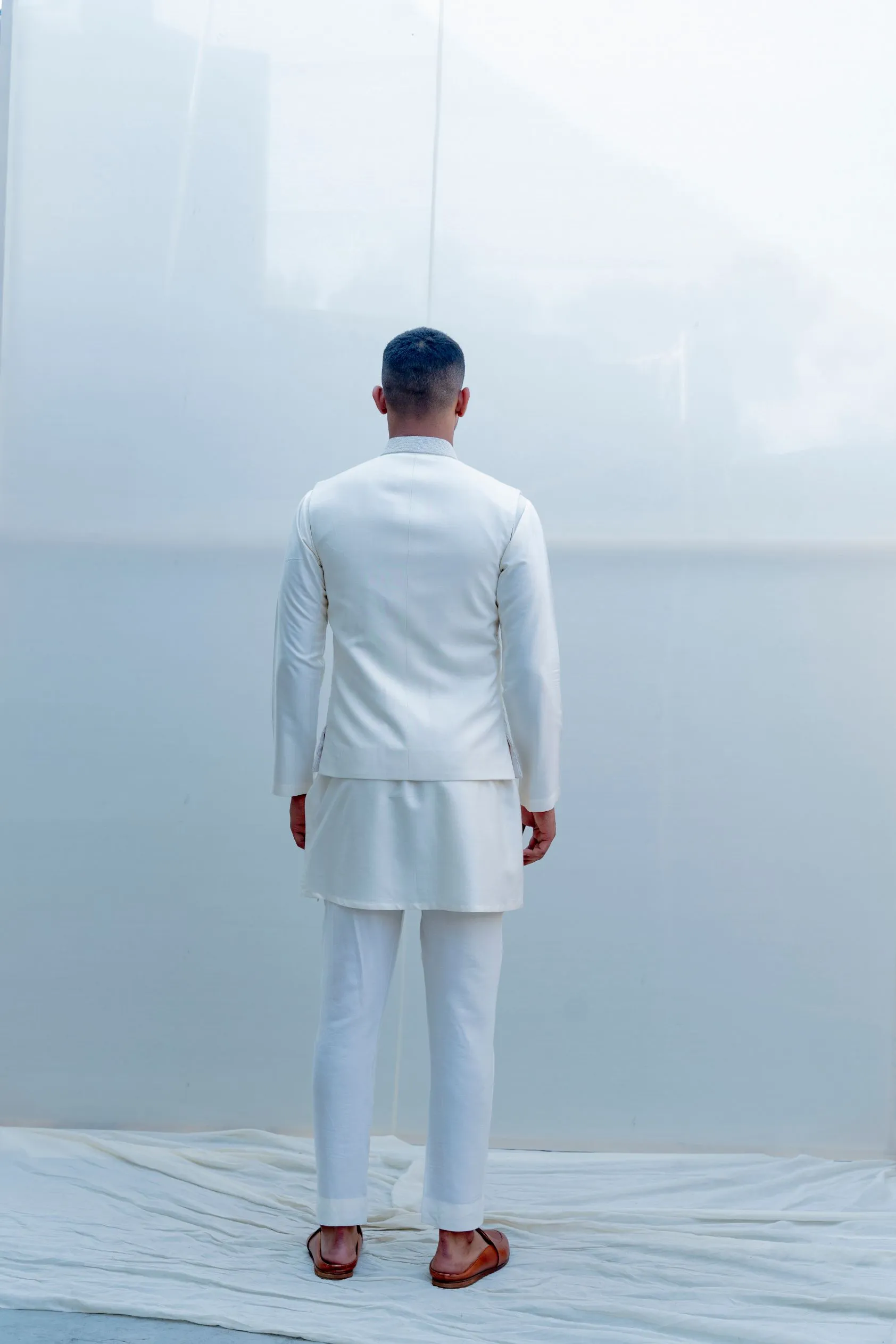 Romani - Milky White Embroidered Nehru Jacket with Kurta Set