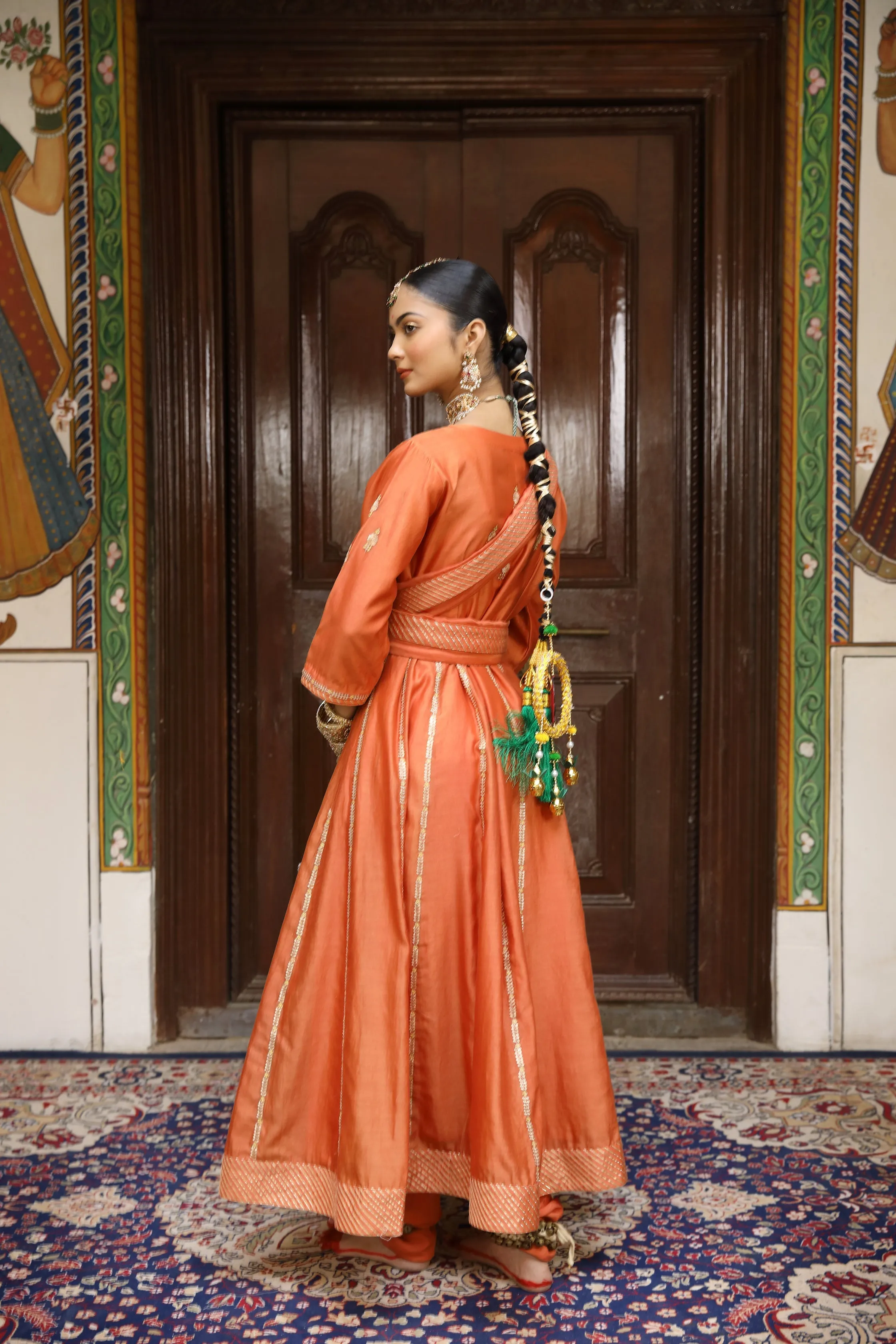 Rust Glass Neck Zardosi Kurta Set with Pichwai Dupatta