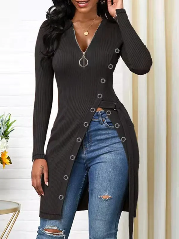 Sexy Long V-Neck Screw Thread Casual Fashion Top