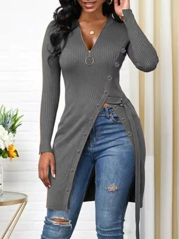 Sexy Long V-Neck Screw Thread Casual Fashion Top