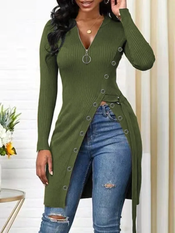 Sexy Long V-Neck Screw Thread Casual Fashion Top
