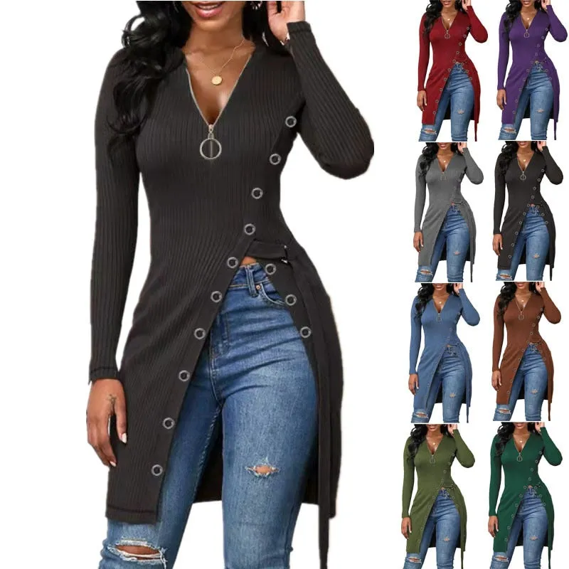 Sexy Long V-Neck Screw Thread Casual Fashion Top