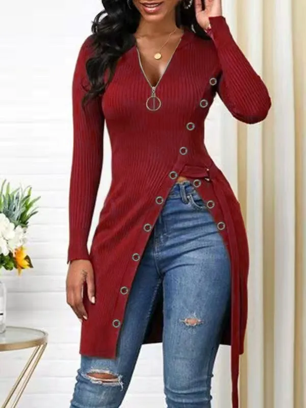 Sexy Long V-Neck Screw Thread Casual Fashion Top
