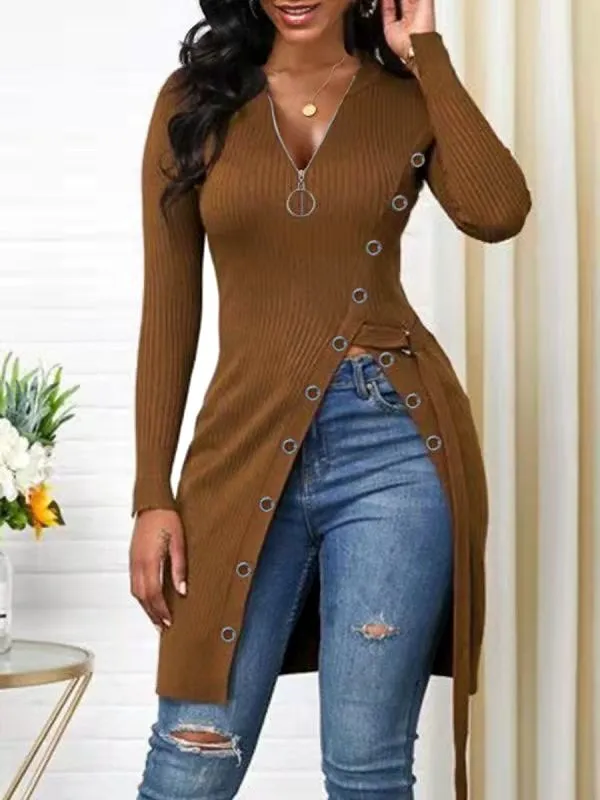 Sexy Long V-Neck Screw Thread Casual Fashion Top