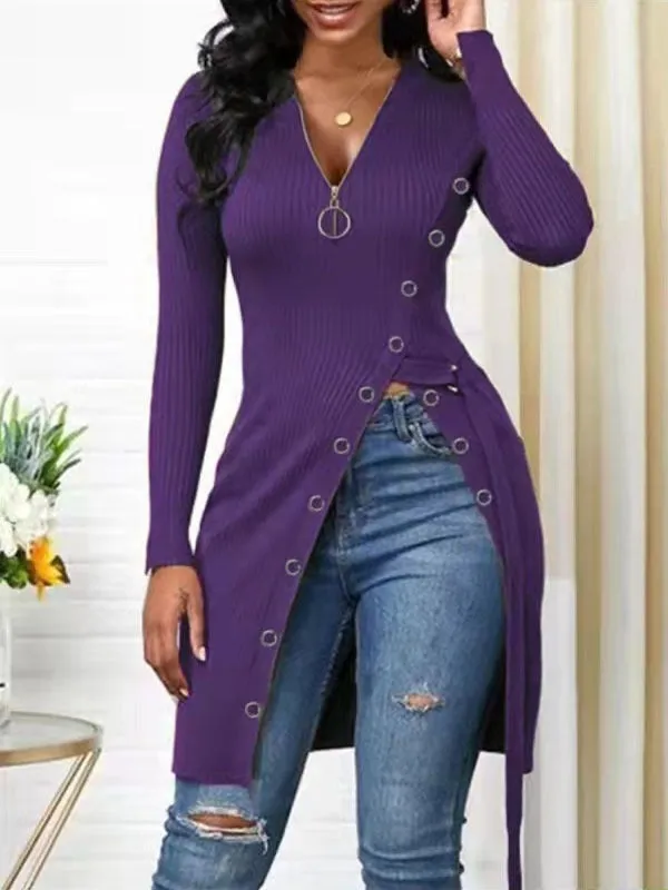 Sexy Long V-Neck Screw Thread Casual Fashion Top