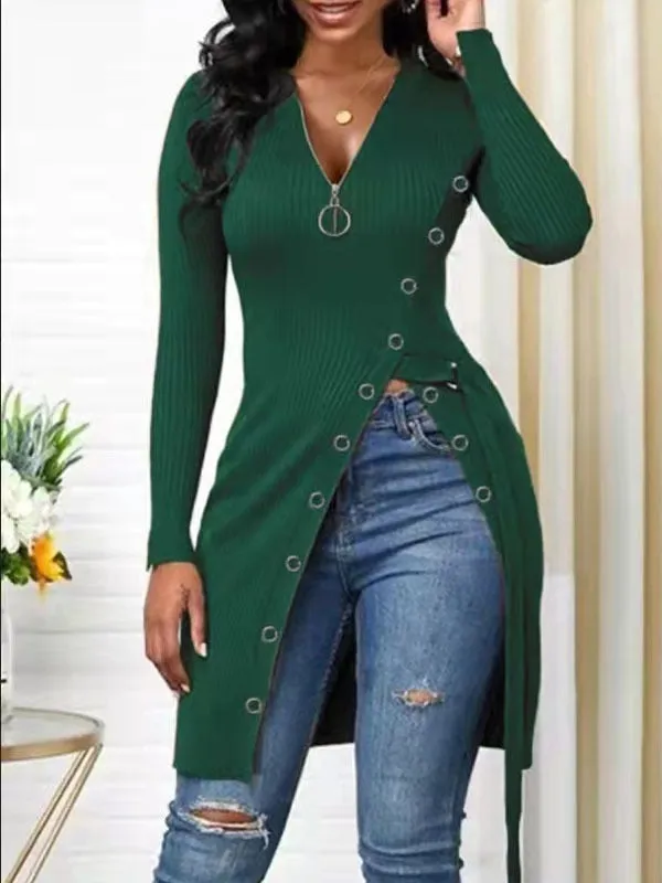 Sexy Long V-Neck Screw Thread Casual Fashion Top