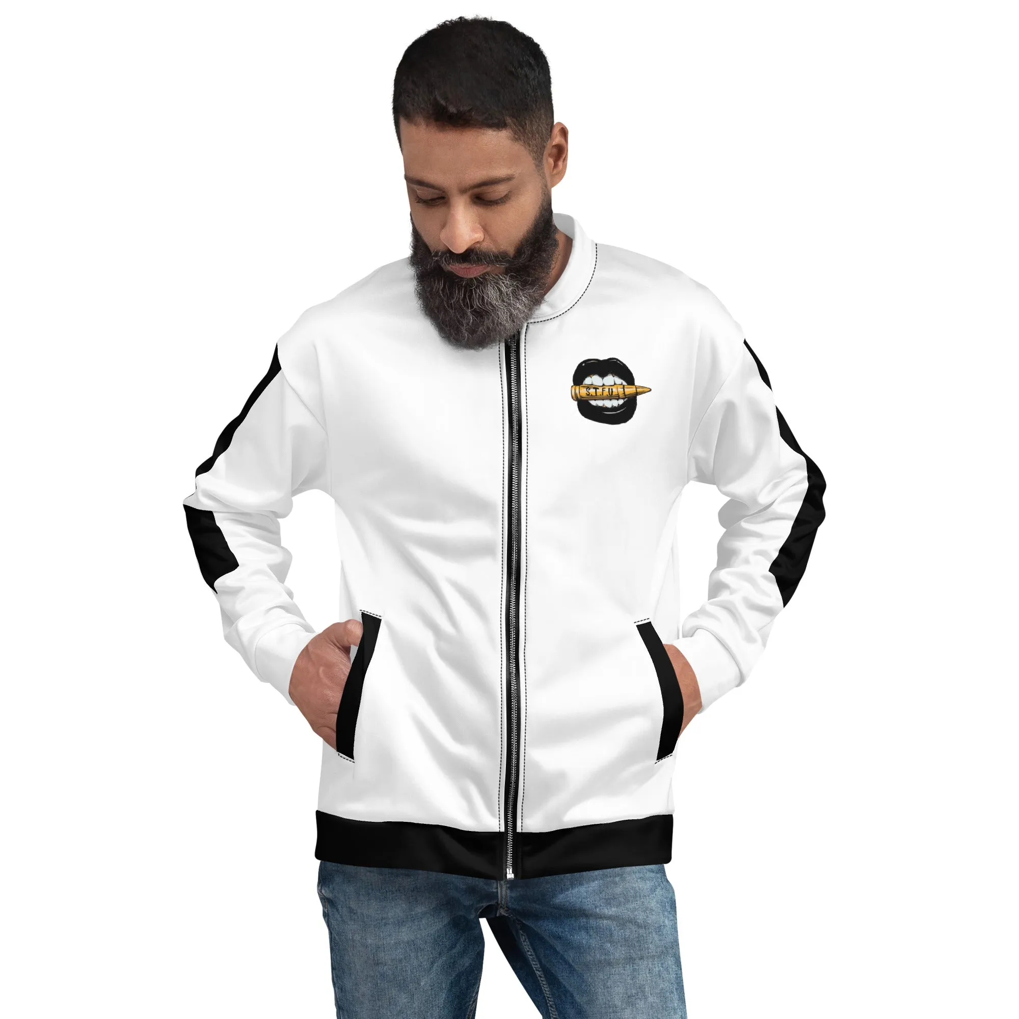 Simple Black & White Logo Unisex Bomber Jacket - White