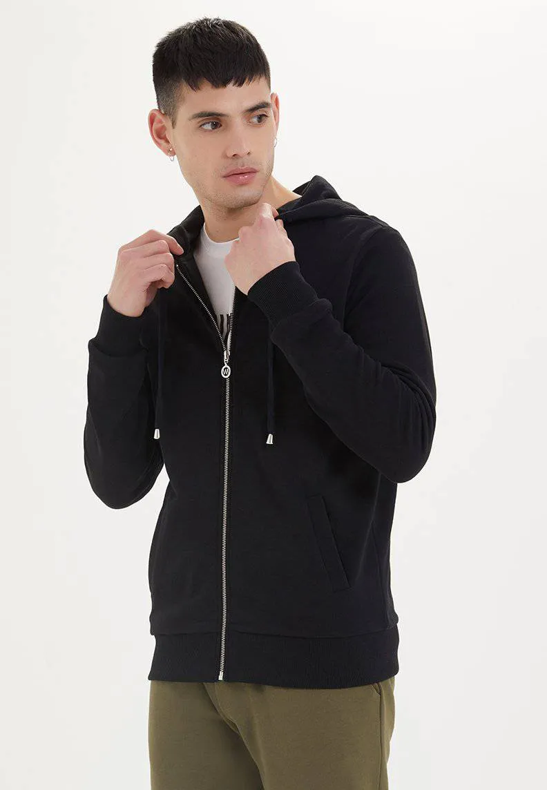 Siyah Basic Fermuarlı Cepli Pamuklu Regular Fit Kapüşonlu Erkek Sweatshirt ESSENTIALS ZIP HOODIE