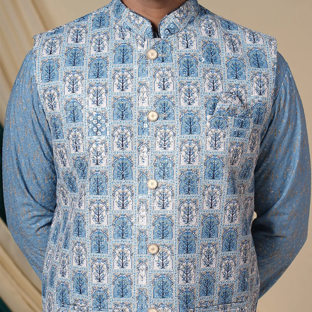 Sky Blue Floral Print Sequins Work Kurta Set With Jacket