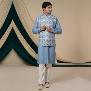 Sky Blue Floral Print Sequins Work Kurta Set With Jacket