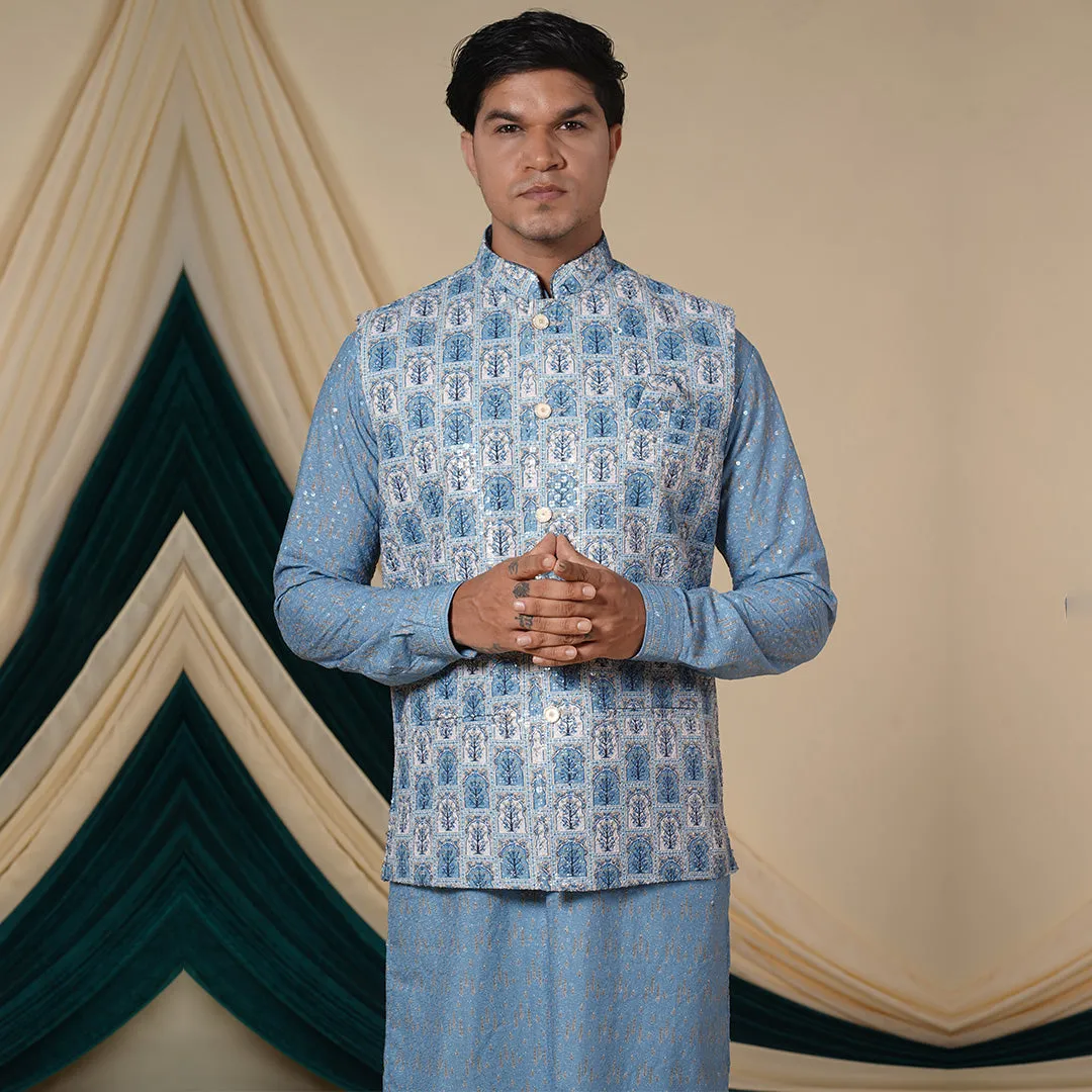Sky Blue Floral Print Sequins Work Kurta Set With Jacket