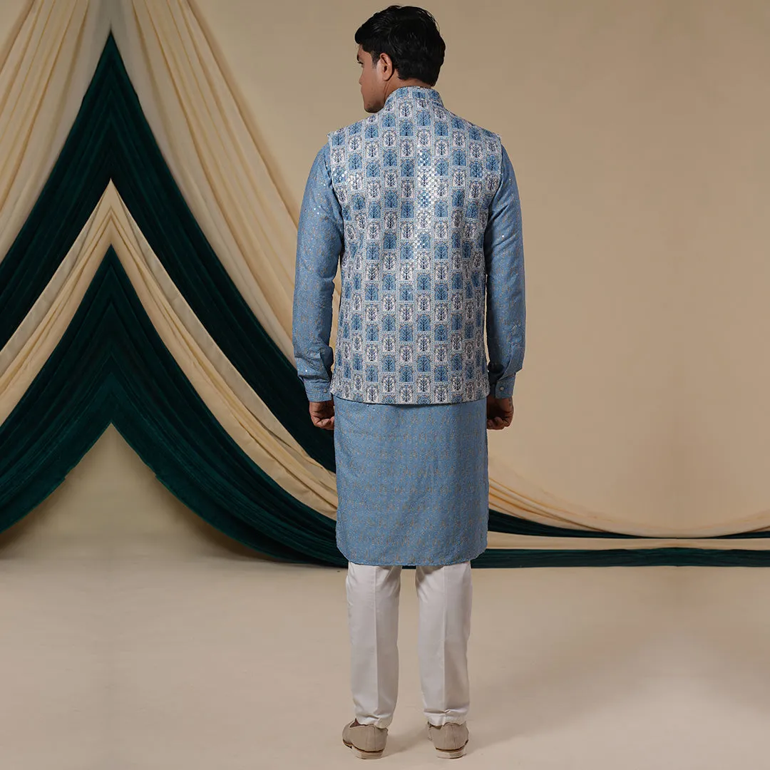 Sky Blue Floral Print Sequins Work Kurta Set With Jacket