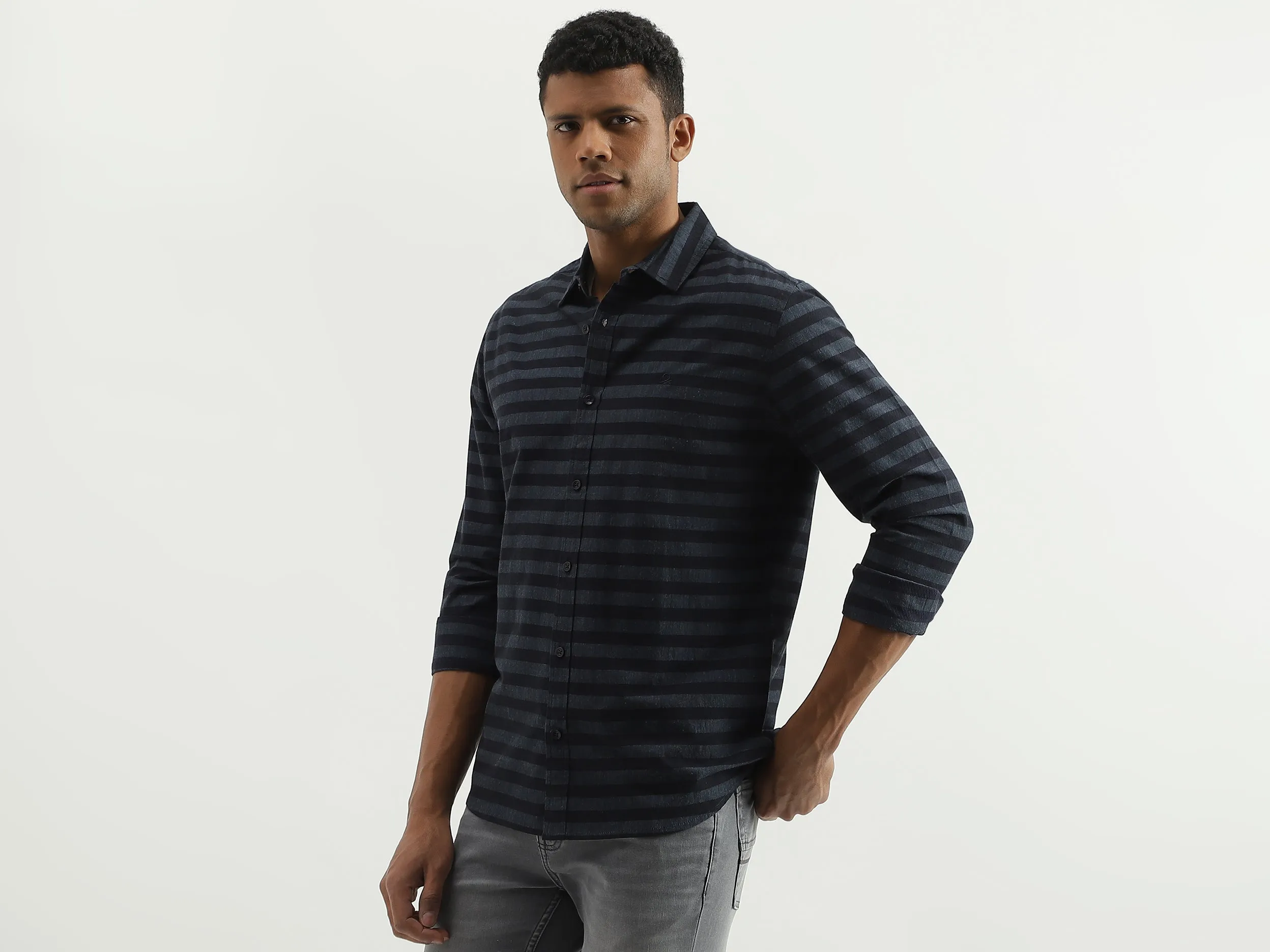 Slim Fit Spread Collar Striped Shirt