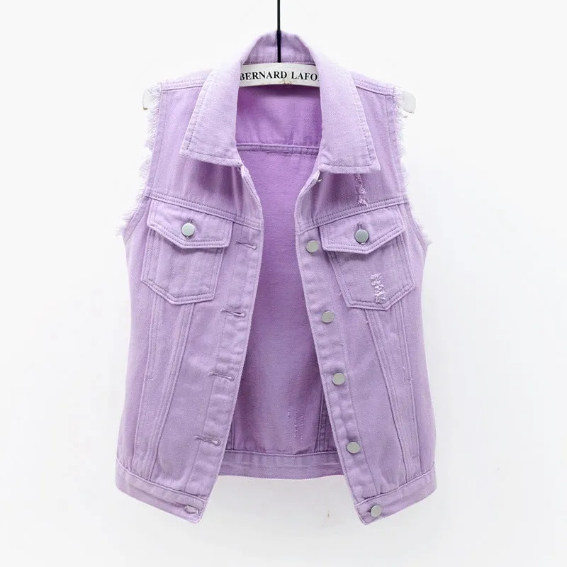 Slim Women's Sleeveless Denim Vest with Multi-Color Selection