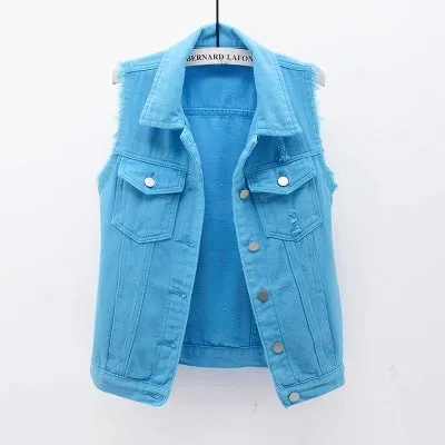 Slim Women's Sleeveless Denim Vest with Multi-Color Selection