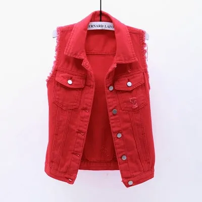 Slim Women's Sleeveless Denim Vest with Multi-Color Selection