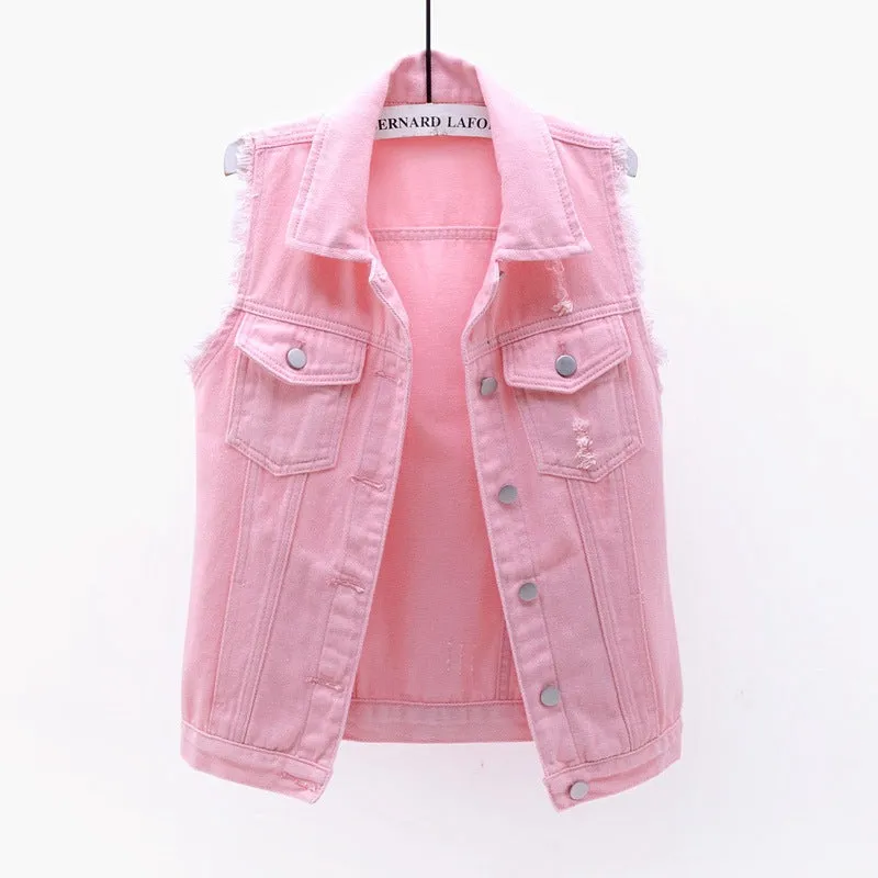 Slim Women's Sleeveless Denim Vest with Multi-Color Selection