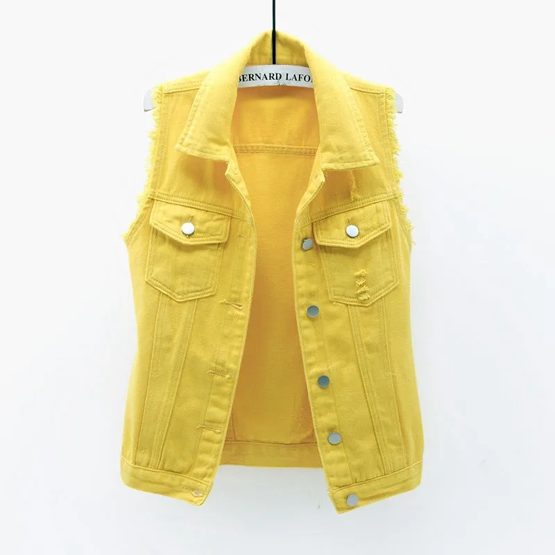 Slim Women's Sleeveless Denim Vest with Multi-Color Selection
