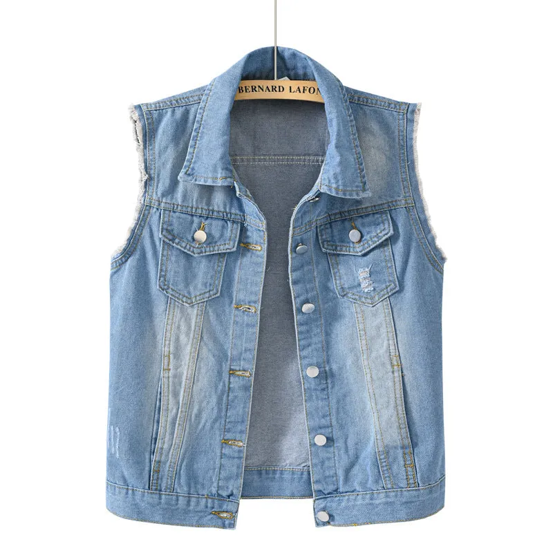 Slim Women's Sleeveless Denim Vest with Multi-Color Selection