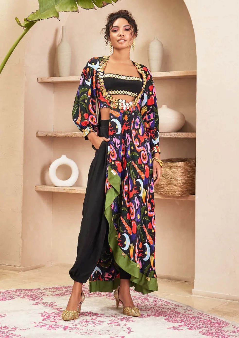 Sloane black printed jacket and dhoti pant set
