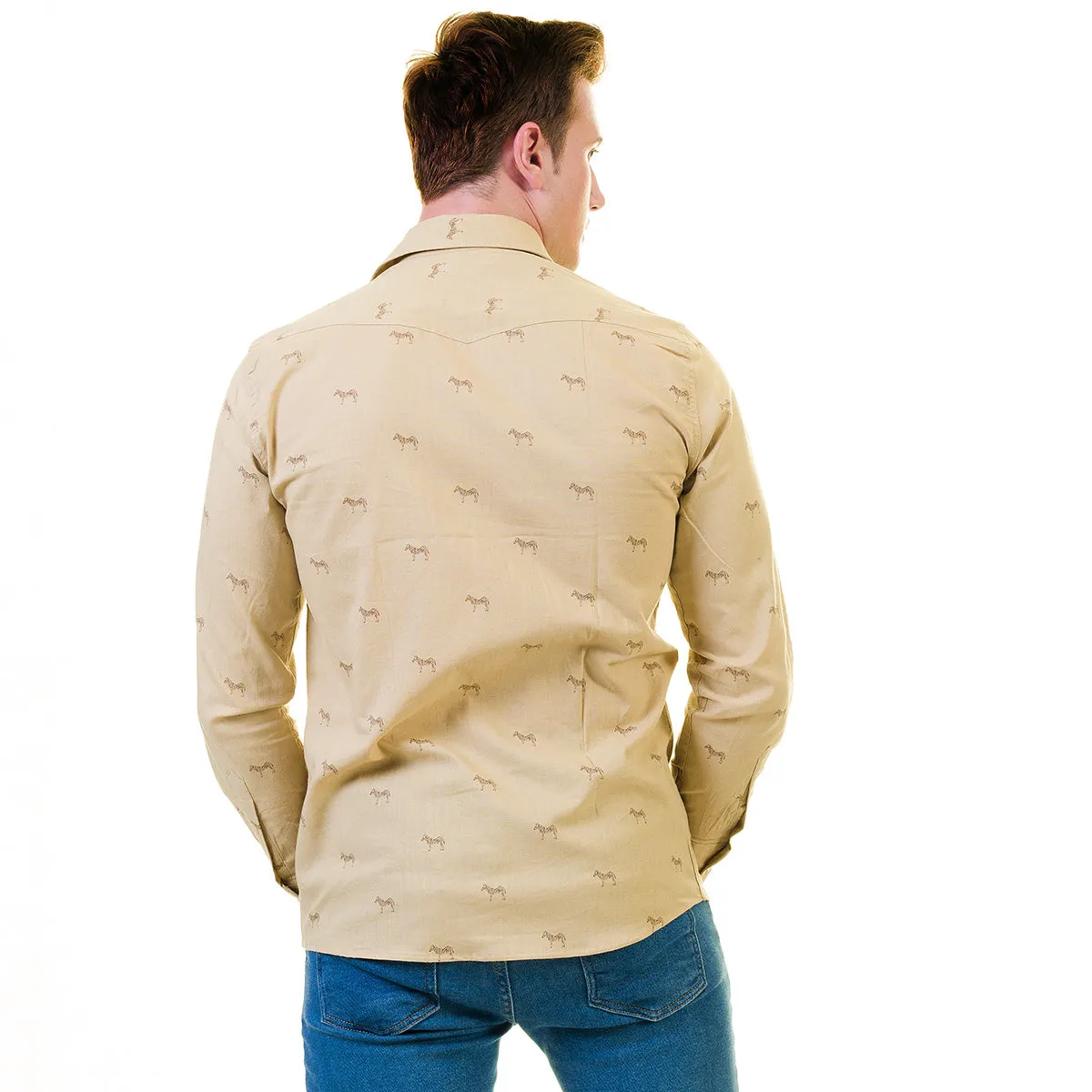 Solid Tan Safari Mens Slim Fit Designer Dress Shirt - tailored Cotton Shirts for Work and Casual Wear